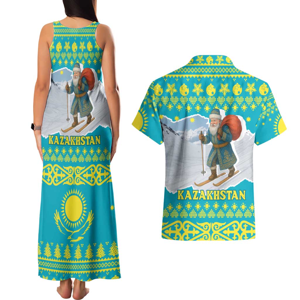 Kazakhstan Christmas Couples Matching Tank Maxi Dress and Hawaiian Shirt with Santa Skiing in Traditional Outfit Snow Mountain and Sun Pattern - Wonder Print Shop