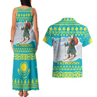Kazakhstan Christmas Couples Matching Tank Maxi Dress and Hawaiian Shirt with Santa Skiing in Traditional Outfit Snow Mountain and Sun Pattern - Wonder Print Shop