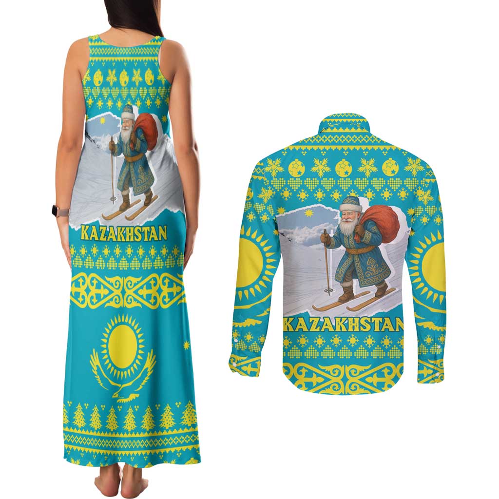 Kazakhstan Christmas Couples Matching Tank Maxi Dress and Long Sleeve Button Shirt with Santa Skiing in Traditional Outfit Snow Mountain and Sun Pattern - Wonder Print Shop