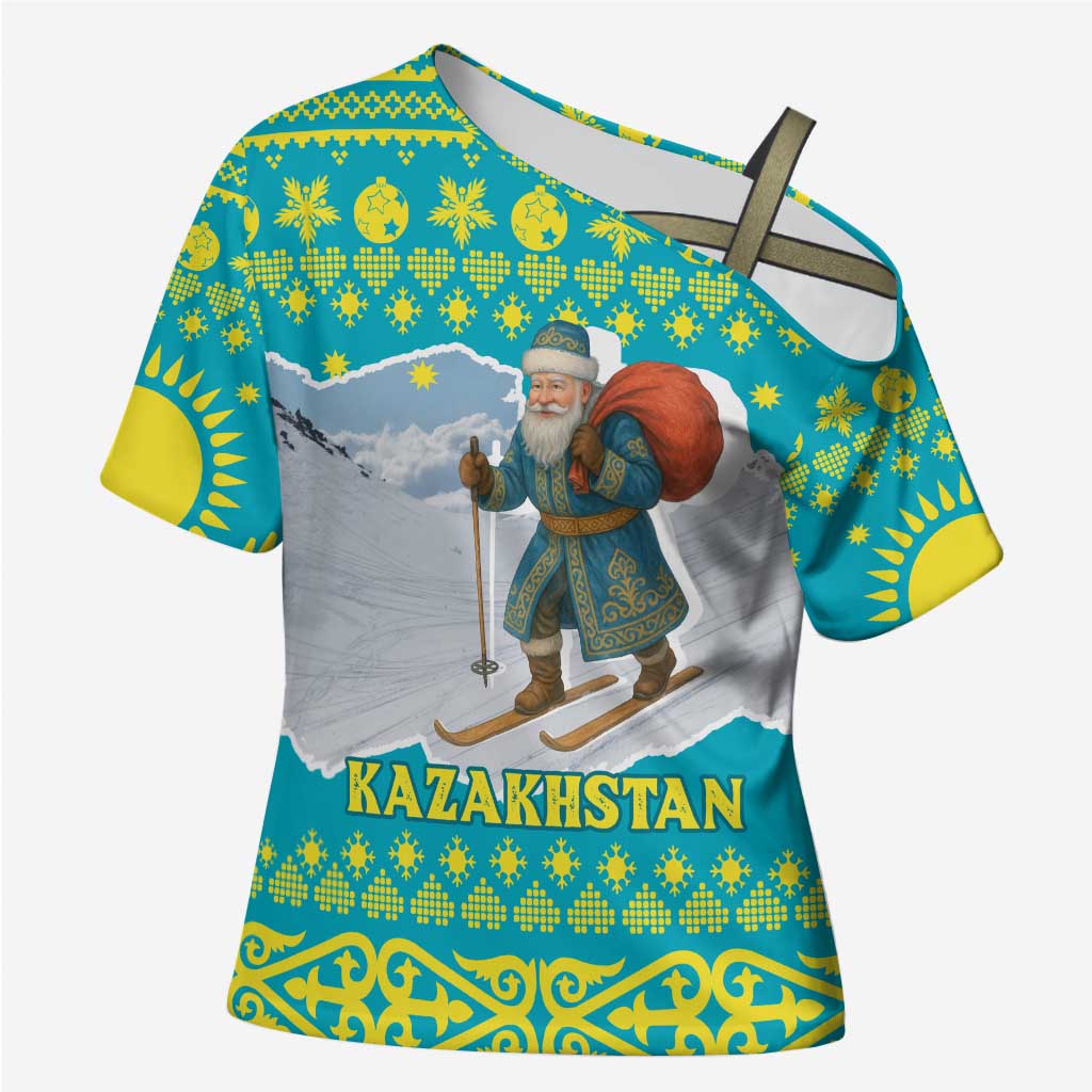 Kazakhstan Christmas Cross Shoulder Shirt with Santa Skiing in Traditional Outfit Snow Mountain and Sun Pattern - Wonder Print Shop