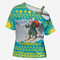 Kazakhstan Christmas Cross Shoulder Shirt with Santa Skiing in Traditional Outfit Snow Mountain and Sun Pattern - Wonder Print Shop
