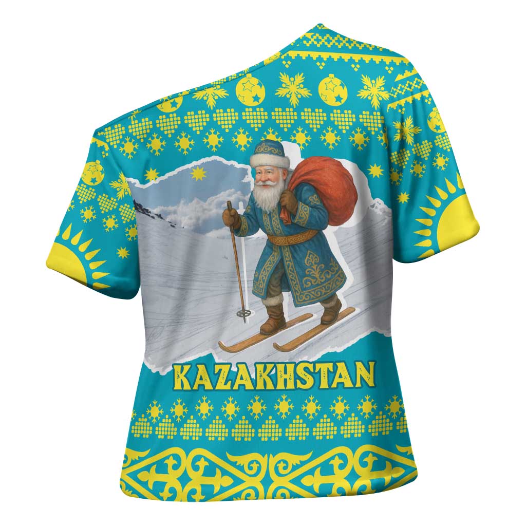 Kazakhstan Christmas Cross Shoulder Shirt with Santa Skiing in Traditional Outfit Snow Mountain and Sun Pattern - Wonder Print Shop
