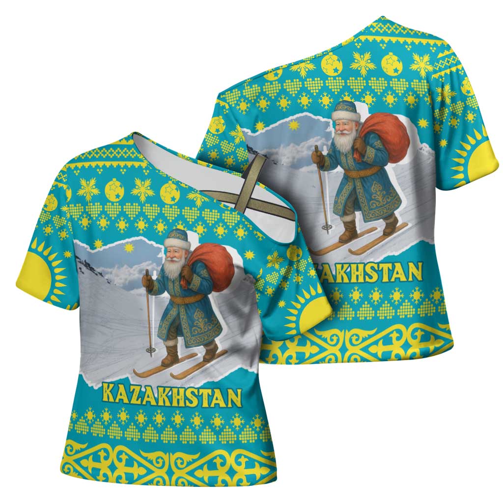 Kazakhstan Christmas Cross Shoulder Shirt with Santa Skiing in Traditional Outfit Snow Mountain and Sun Pattern - Wonder Print Shop