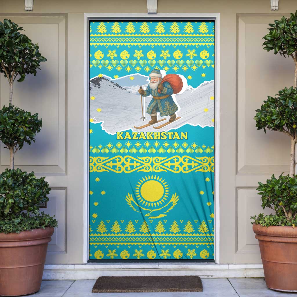 Kazakhstan Christmas Door Cover with Santa Skiing in Traditional Outfit Snow Mountain and Sun Pattern - Wonder Print Shop