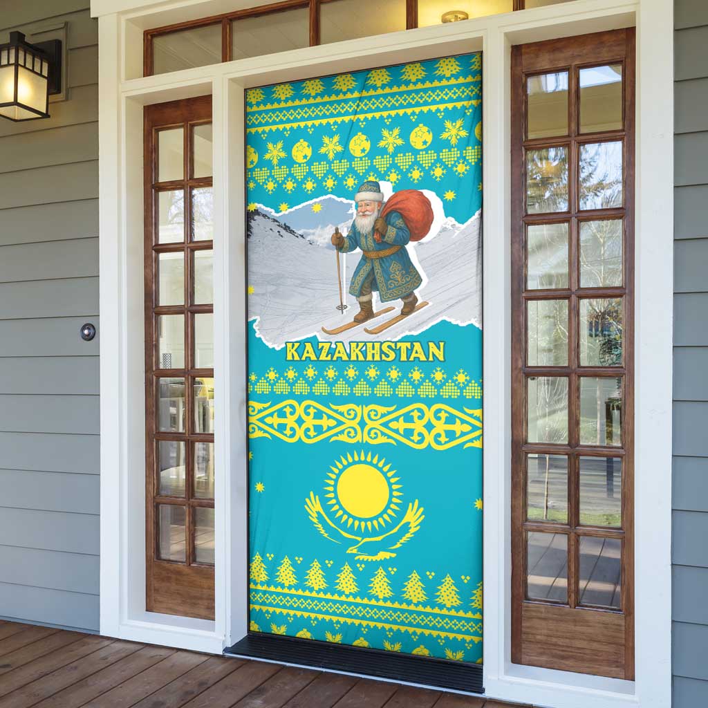 Kazakhstan Christmas Door Cover with Santa Skiing in Traditional Outfit Snow Mountain and Sun Pattern - Wonder Print Shop