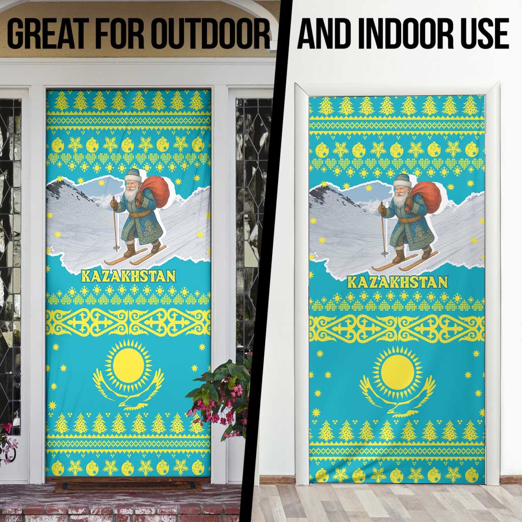 Kazakhstan Christmas Door Cover with Santa Skiing in Traditional Outfit Snow Mountain and Sun Pattern - Wonder Print Shop