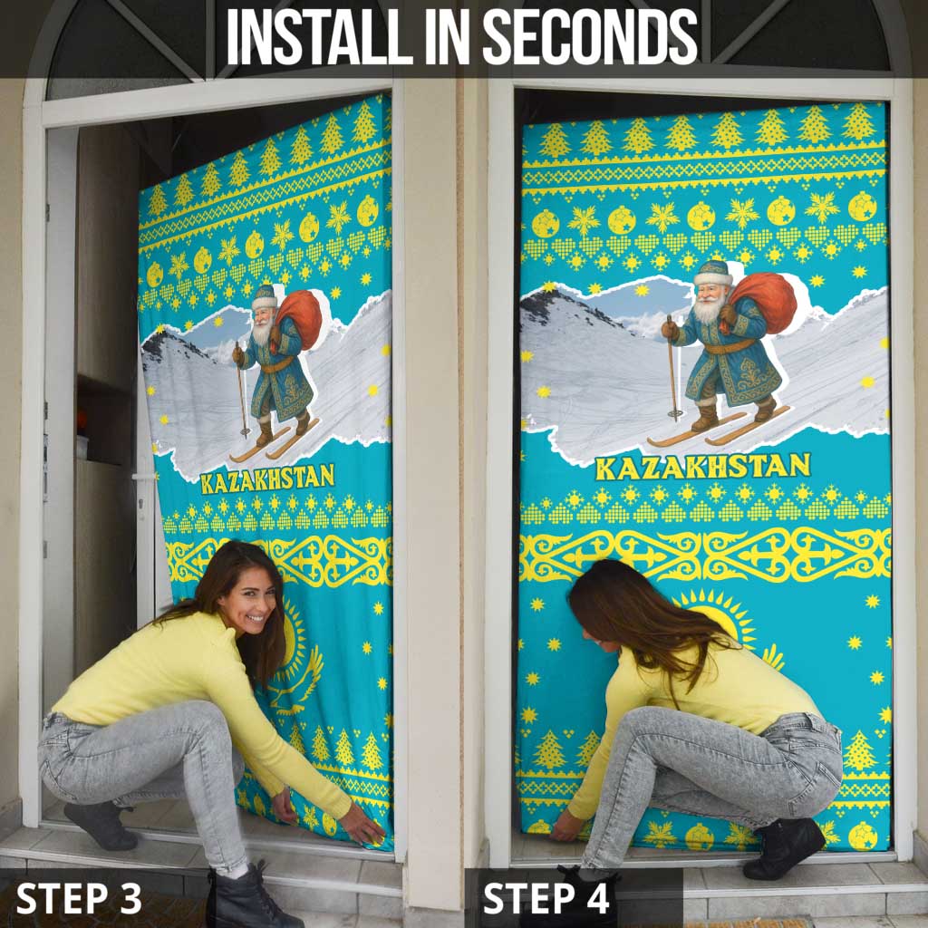 Kazakhstan Christmas Door Cover with Santa Skiing in Traditional Outfit Snow Mountain and Sun Pattern - Wonder Print Shop