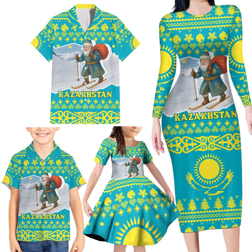 Kazakhstan Christmas Family Matching Long Sleeve Bodycon Dress and Hawaiian Shirt with Santa Skiing in Traditional Outfit Snow Mountain and Sun Pattern - Wonder Print Shop