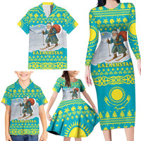 Kazakhstan Christmas Family Matching Long Sleeve Bodycon Dress and Hawaiian Shirt with Santa Skiing in Traditional Outfit Snow Mountain and Sun Pattern - Wonder Print Shop