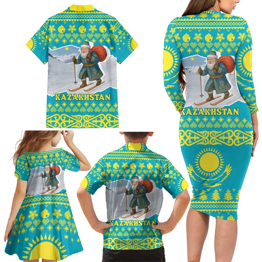 Kazakhstan Christmas Family Matching Long Sleeve Bodycon Dress and Hawaiian Shirt with Santa Skiing in Traditional Outfit Snow Mountain and Sun Pattern - Wonder Print Shop