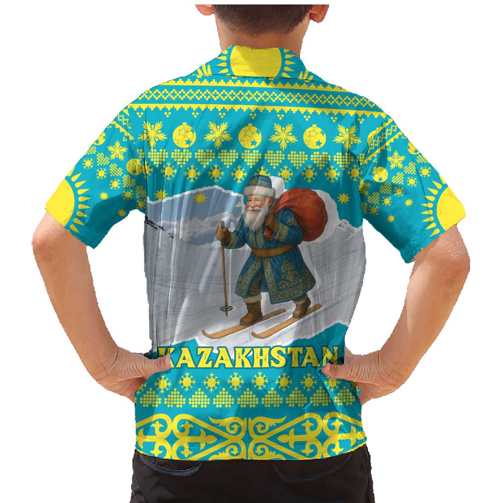 Kazakhstan Christmas Family Matching Mermaid Dress and Hawaiian Shirt with Santa Skiing in Traditional Outfit Snow Mountain and Sun Pattern - Wonder Print Shop