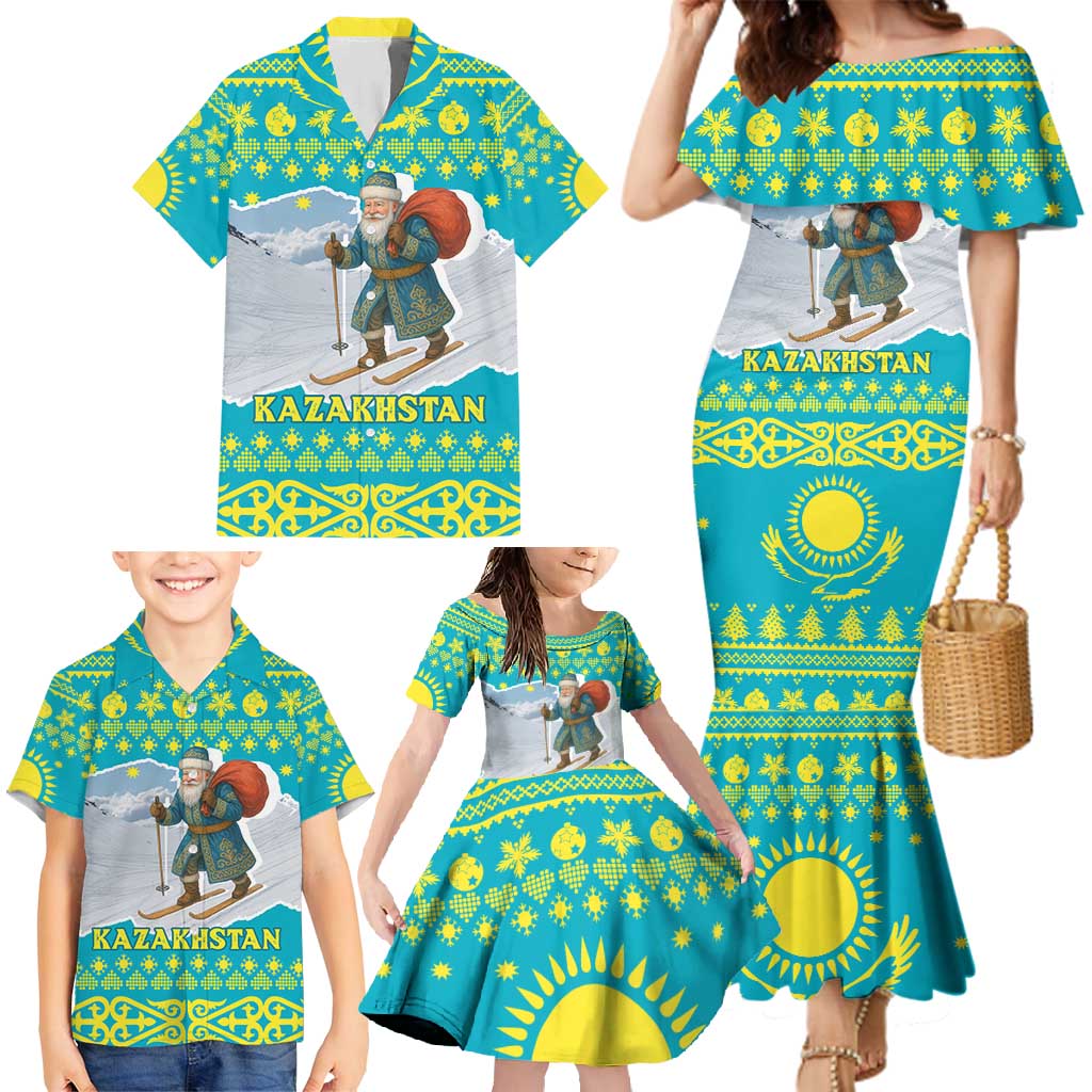Kazakhstan Christmas Family Matching Mermaid Dress and Hawaiian Shirt with Santa Skiing in Traditional Outfit Snow Mountain and Sun Pattern - Wonder Print Shop