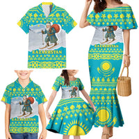 Kazakhstan Christmas Family Matching Mermaid Dress and Hawaiian Shirt with Santa Skiing in Traditional Outfit Snow Mountain and Sun Pattern - Wonder Print Shop