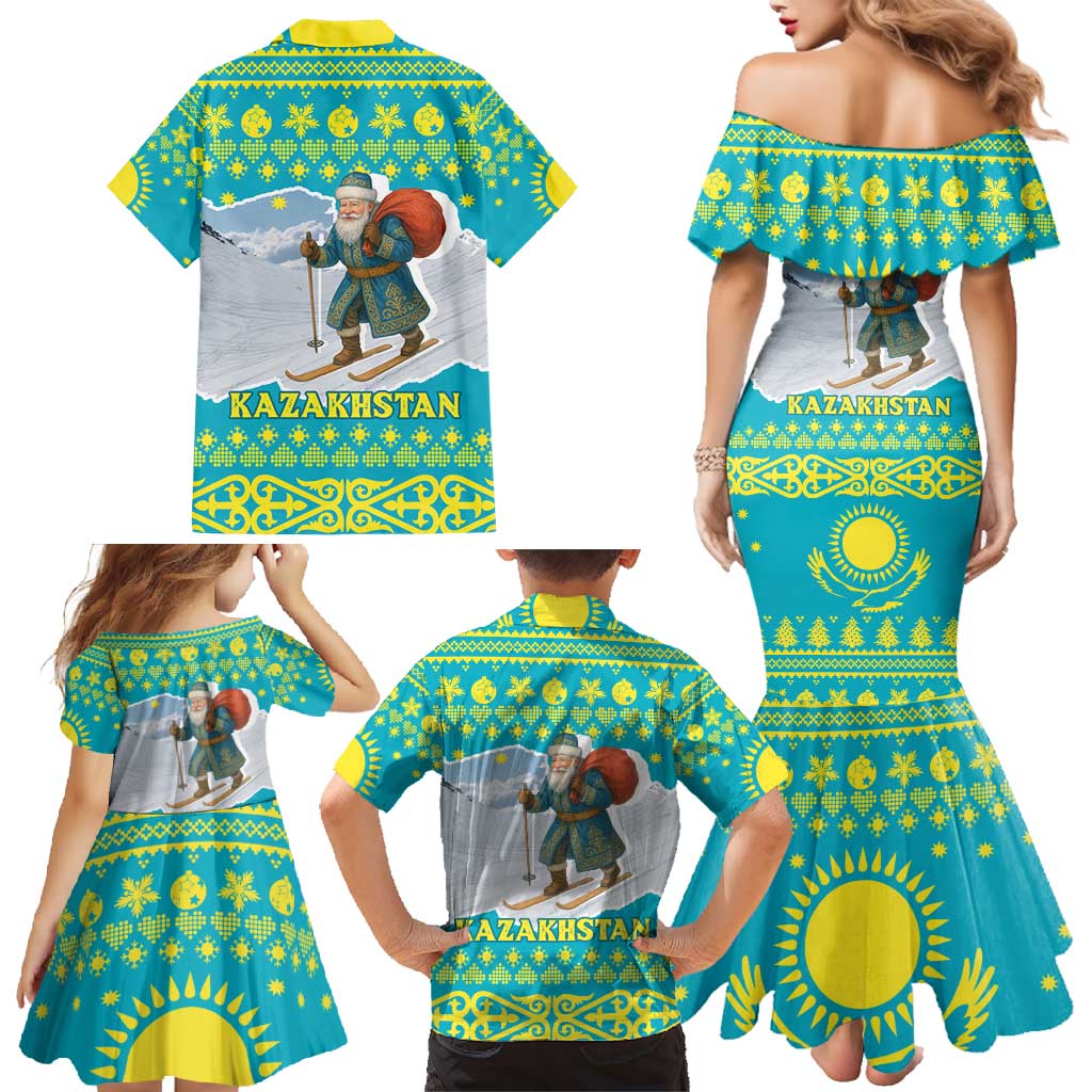 Kazakhstan Christmas Family Matching Mermaid Dress and Hawaiian Shirt with Santa Skiing in Traditional Outfit Snow Mountain and Sun Pattern - Wonder Print Shop