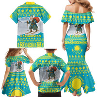 Kazakhstan Christmas Family Matching Mermaid Dress and Hawaiian Shirt with Santa Skiing in Traditional Outfit Snow Mountain and Sun Pattern - Wonder Print Shop