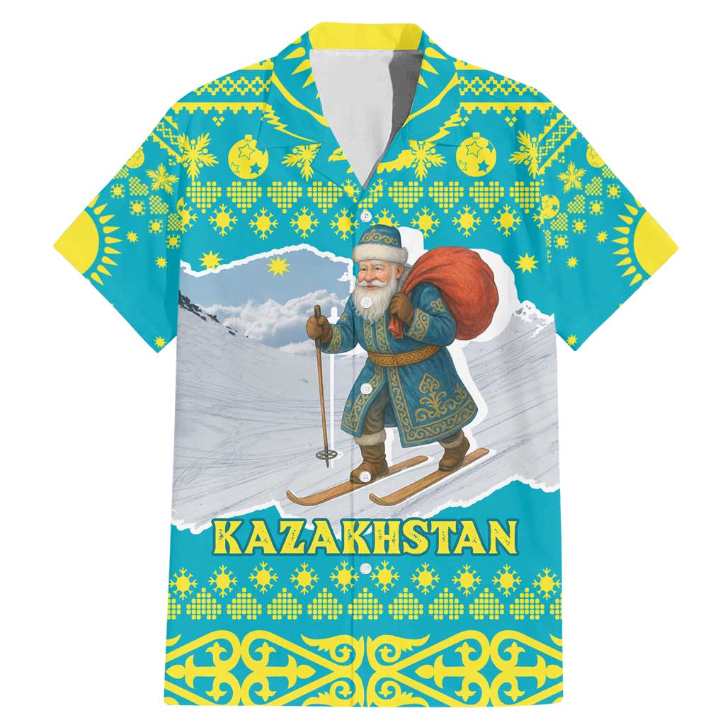 Kazakhstan Christmas Family Matching Mermaid Dress and Hawaiian Shirt with Santa Skiing in Traditional Outfit Snow Mountain and Sun Pattern - Wonder Print Shop