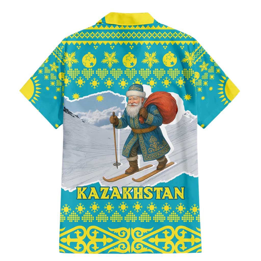 Kazakhstan Christmas Family Matching Mermaid Dress and Hawaiian Shirt with Santa Skiing in Traditional Outfit Snow Mountain and Sun Pattern - Wonder Print Shop