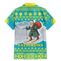 Kazakhstan Christmas Family Matching Mermaid Dress and Hawaiian Shirt with Santa Skiing in Traditional Outfit Snow Mountain and Sun Pattern - Wonder Print Shop