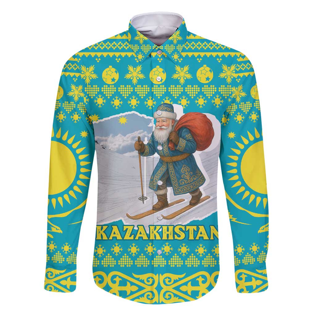 Kazakhstan Christmas Family Matching Mermaid Dress and Hawaiian Shirt with Santa Skiing in Traditional Outfit Snow Mountain and Sun Pattern - Wonder Print Shop