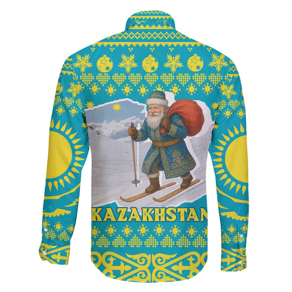 Kazakhstan Christmas Family Matching Mermaid Dress and Hawaiian Shirt with Santa Skiing in Traditional Outfit Snow Mountain and Sun Pattern - Wonder Print Shop