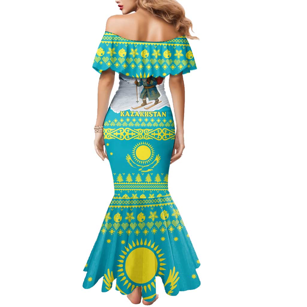 Kazakhstan Christmas Family Matching Mermaid Dress and Hawaiian Shirt with Santa Skiing in Traditional Outfit Snow Mountain and Sun Pattern - Wonder Print Shop