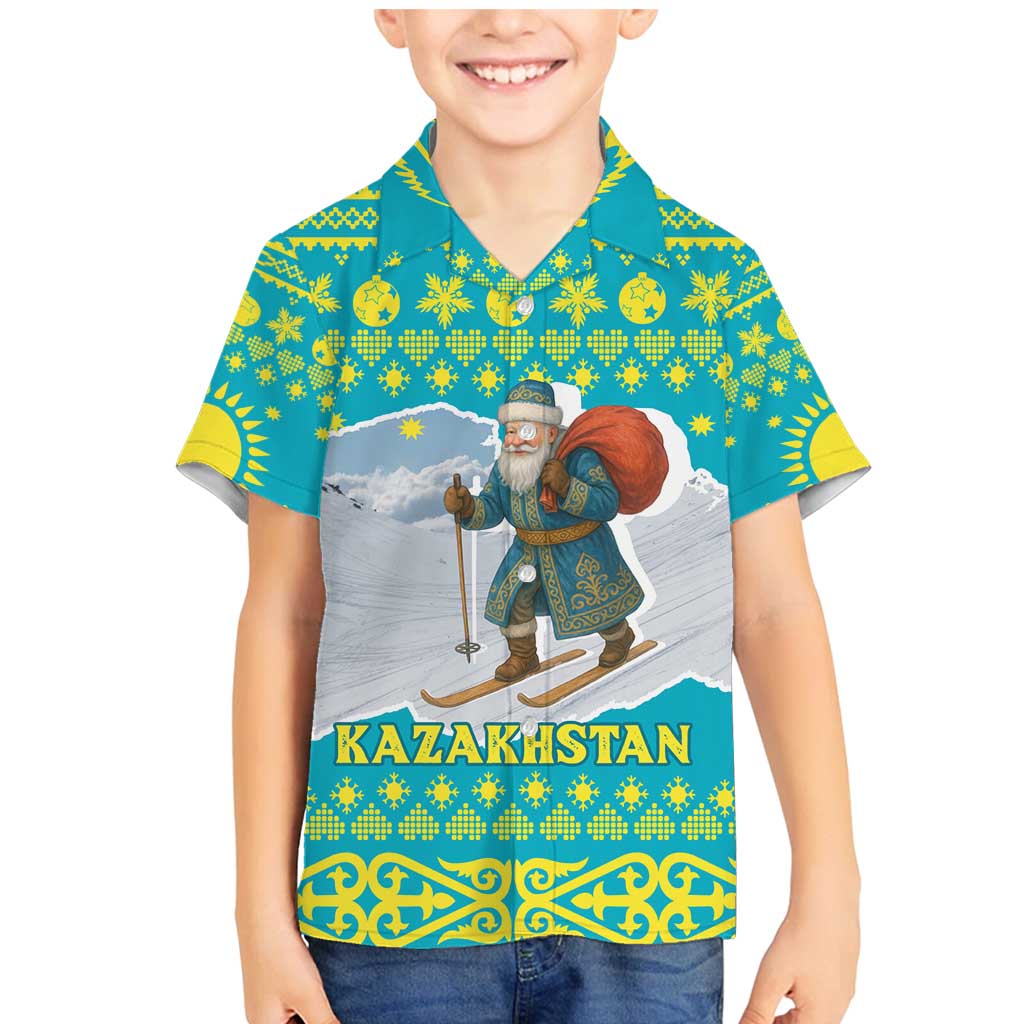 Kazakhstan Christmas Family Matching Mermaid Dress and Hawaiian Shirt with Santa Skiing in Traditional Outfit Snow Mountain and Sun Pattern - Wonder Print Shop