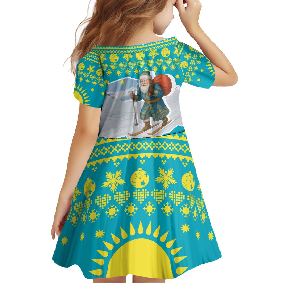 Kazakhstan Christmas Family Matching Off The Shoulder Long Sleeve Dress and Hawaiian Shirt with Santa Skiing in Traditional Outfit Snow Mountain and Sun Pattern - Wonder Print Shop