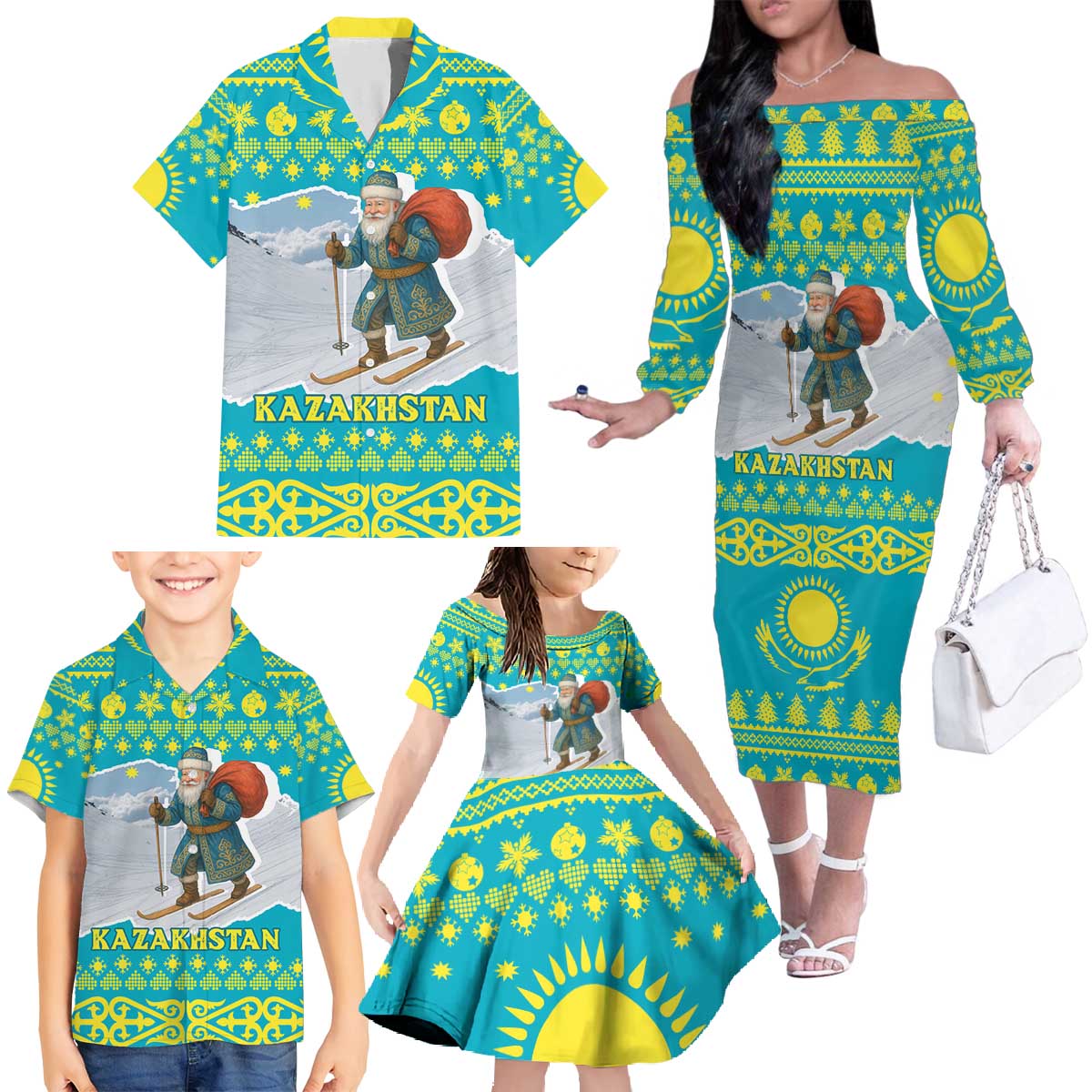 Kazakhstan Christmas Family Matching Off The Shoulder Long Sleeve Dress and Hawaiian Shirt with Santa Skiing in Traditional Outfit Snow Mountain and Sun Pattern - Wonder Print Shop