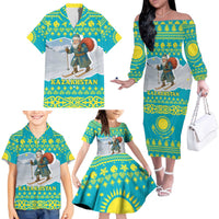 Kazakhstan Christmas Family Matching Off The Shoulder Long Sleeve Dress and Hawaiian Shirt with Santa Skiing in Traditional Outfit Snow Mountain and Sun Pattern - Wonder Print Shop