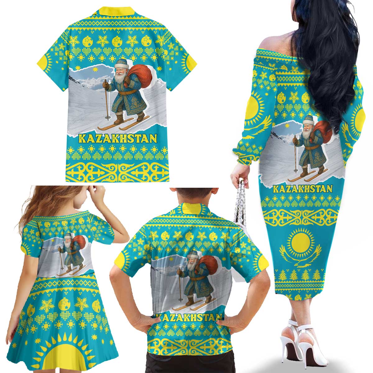 Kazakhstan Christmas Family Matching Off The Shoulder Long Sleeve Dress and Hawaiian Shirt with Santa Skiing in Traditional Outfit Snow Mountain and Sun Pattern - Wonder Print Shop