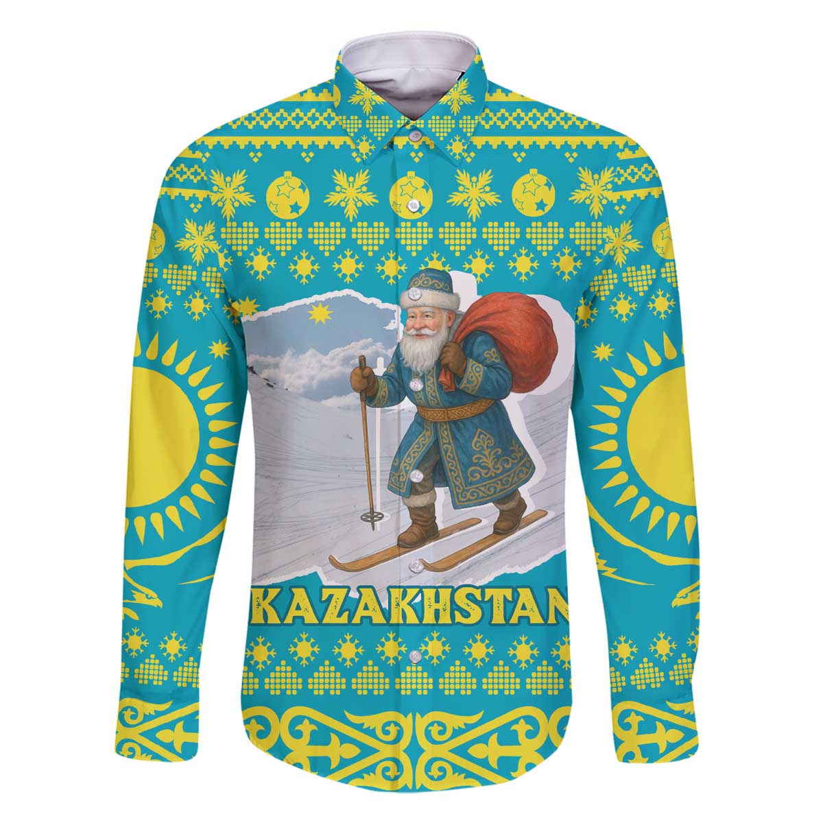 Kazakhstan Christmas Family Matching Off The Shoulder Long Sleeve Dress and Hawaiian Shirt with Santa Skiing in Traditional Outfit Snow Mountain and Sun Pattern - Wonder Print Shop