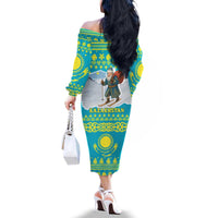 Kazakhstan Christmas Family Matching Off The Shoulder Long Sleeve Dress and Hawaiian Shirt with Santa Skiing in Traditional Outfit Snow Mountain and Sun Pattern - Wonder Print Shop