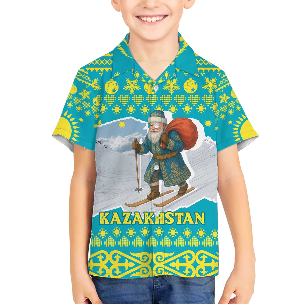 Kazakhstan Christmas Family Matching Off The Shoulder Long Sleeve Dress and Hawaiian Shirt with Santa Skiing in Traditional Outfit Snow Mountain and Sun Pattern - Wonder Print Shop