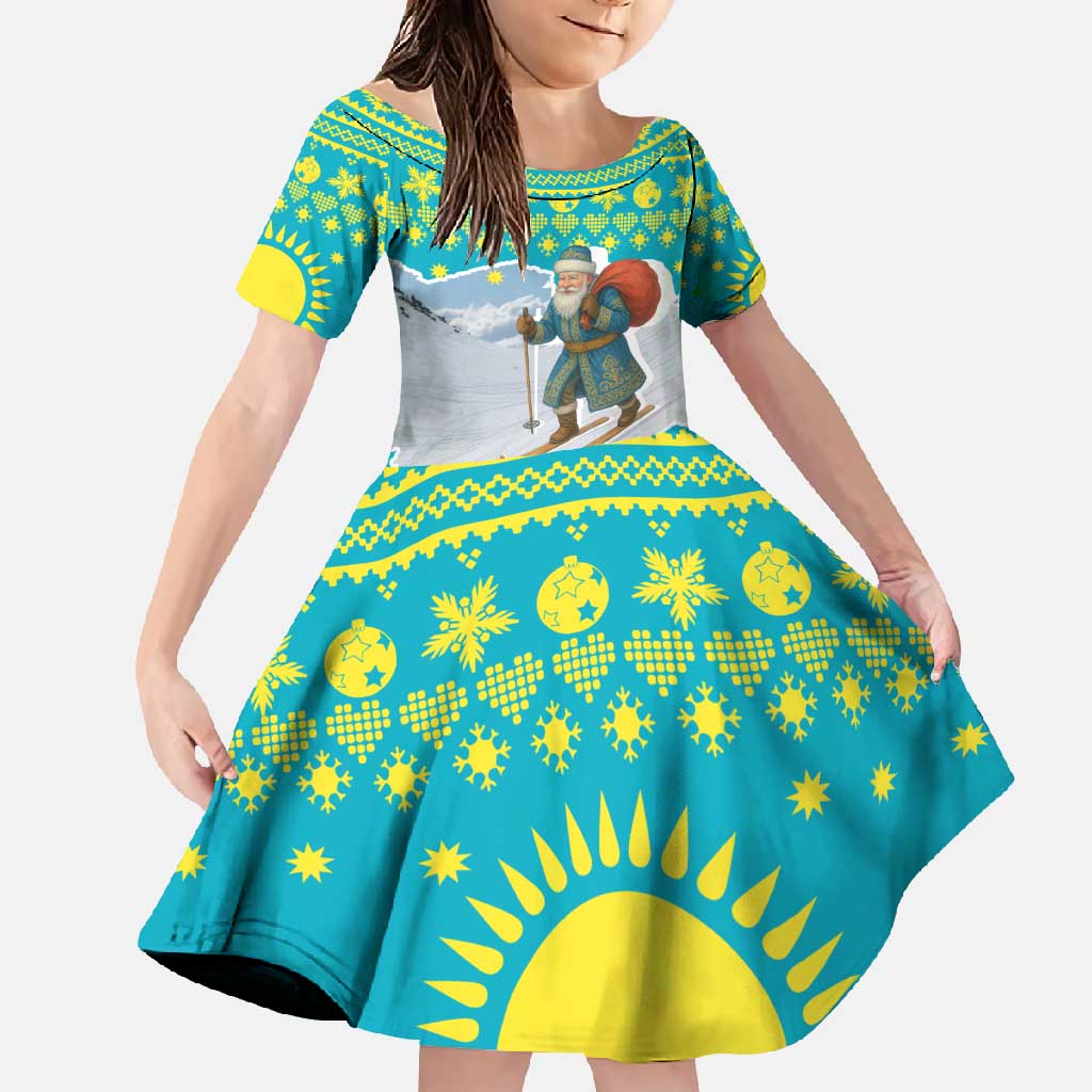 Kazakhstan Christmas Family Matching Off Shoulder Maxi Dress and Hawaiian Shirt with Santa Skiing in Traditional Outfit Snow Mountain and Sun Pattern - Wonder Print Shop