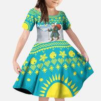 Kazakhstan Christmas Family Matching Off Shoulder Maxi Dress and Hawaiian Shirt with Santa Skiing in Traditional Outfit Snow Mountain and Sun Pattern - Wonder Print Shop