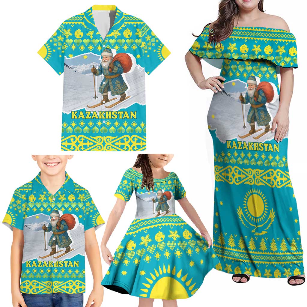 Kazakhstan Christmas Family Matching Off Shoulder Maxi Dress and Hawaiian Shirt with Santa Skiing in Traditional Outfit Snow Mountain and Sun Pattern - Wonder Print Shop