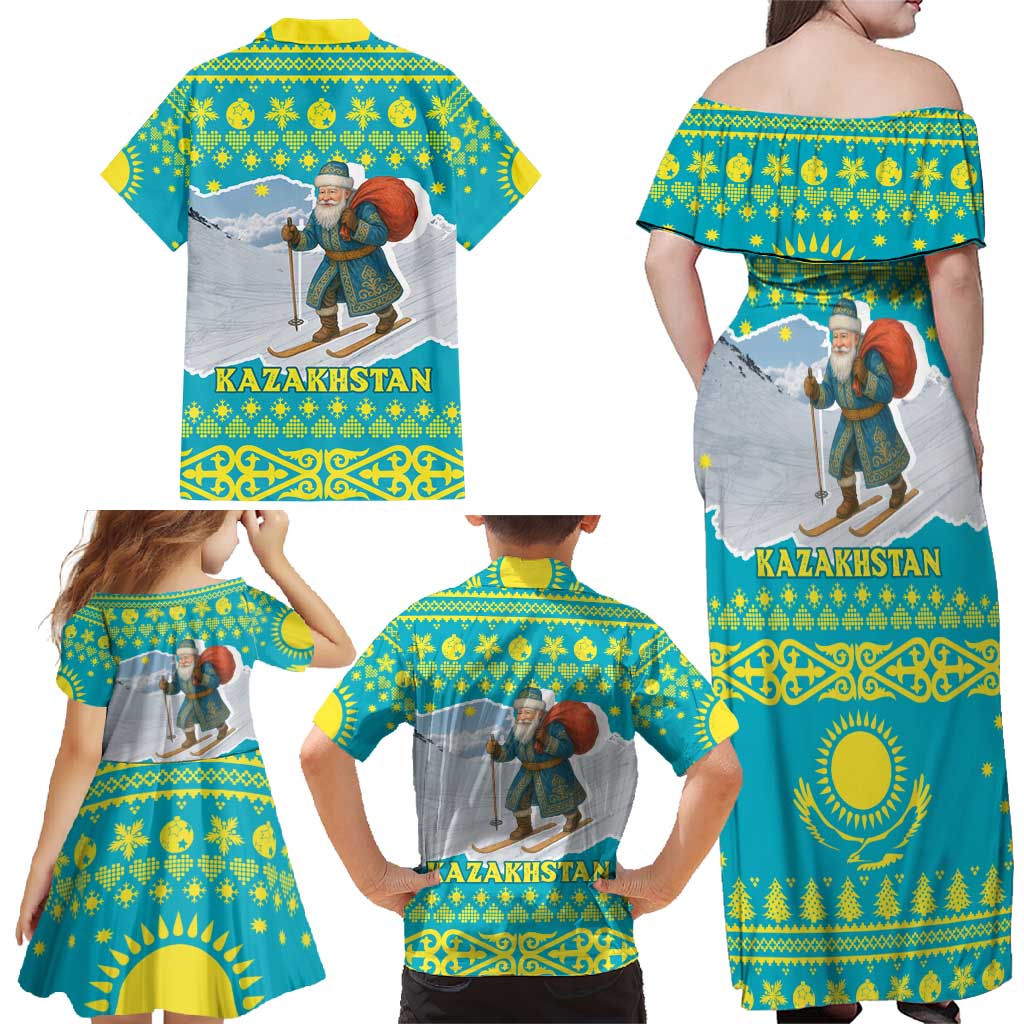 Kazakhstan Christmas Family Matching Off Shoulder Maxi Dress and Hawaiian Shirt with Santa Skiing in Traditional Outfit Snow Mountain and Sun Pattern - Wonder Print Shop