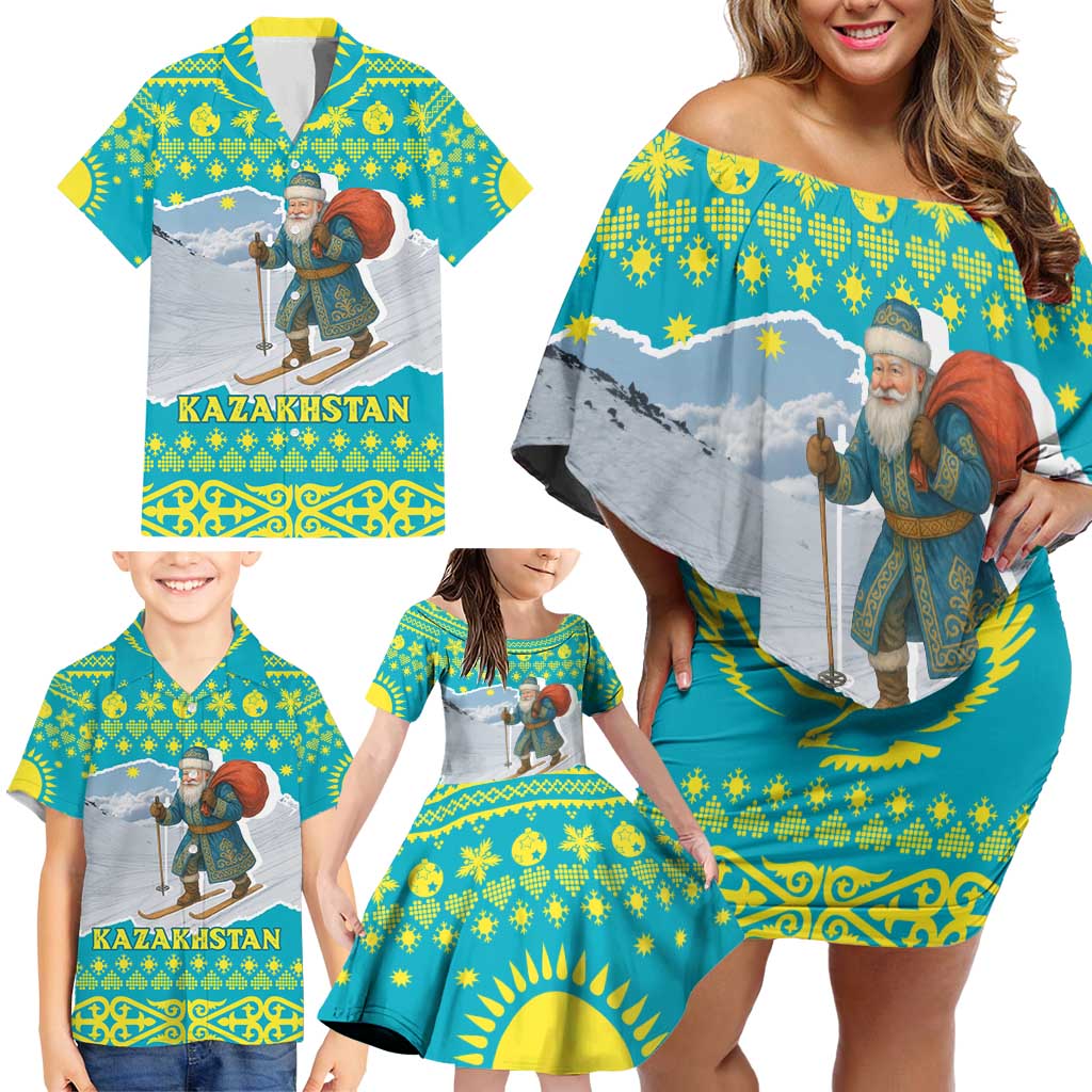 Kazakhstan Christmas Family Matching Off Shoulder Short Dress and Hawaiian Shirt with Santa Skiing in Traditional Outfit Snow Mountain and Sun Pattern - Wonder Print Shop