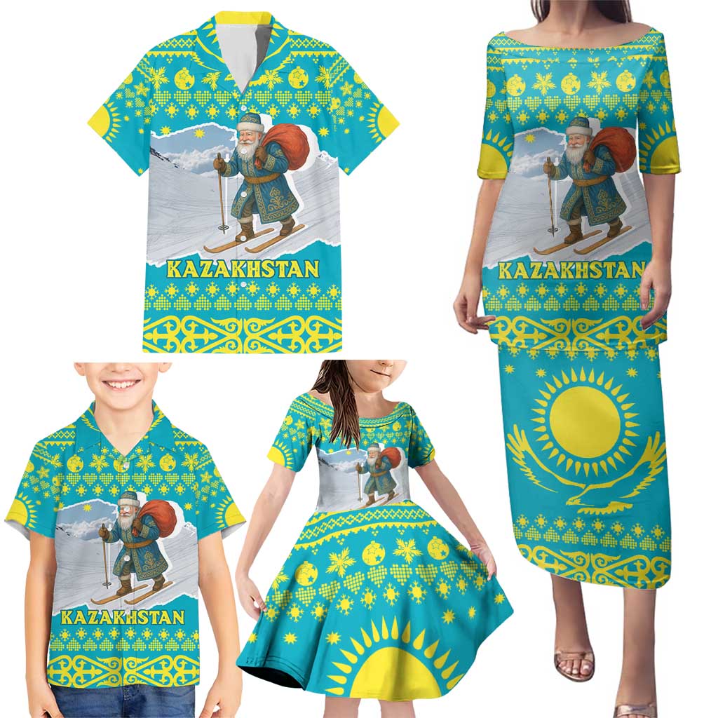 Kazakhstan Christmas Family Matching Puletasi and Hawaiian Shirt with Santa Skiing in Traditional Outfit Snow Mountain and Sun Pattern - Wonder Print Shop