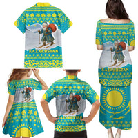 Kazakhstan Christmas Family Matching Puletasi and Hawaiian Shirt with Santa Skiing in Traditional Outfit Snow Mountain and Sun Pattern - Wonder Print Shop