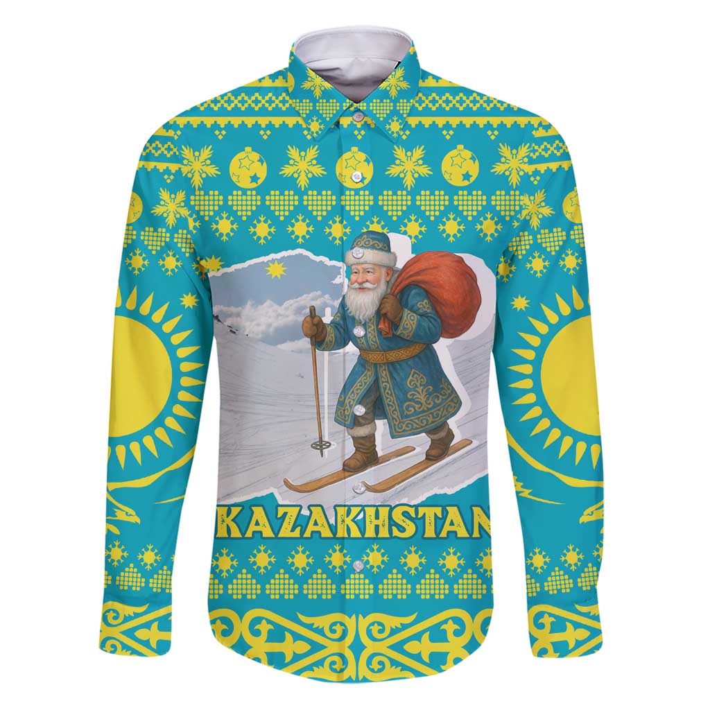 Kazakhstan Christmas Family Matching Puletasi and Hawaiian Shirt with Santa Skiing in Traditional Outfit Snow Mountain and Sun Pattern - Wonder Print Shop