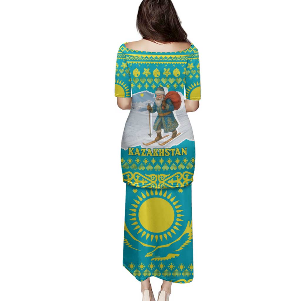 Kazakhstan Christmas Family Matching Puletasi and Hawaiian Shirt with Santa Skiing in Traditional Outfit Snow Mountain and Sun Pattern - Wonder Print Shop