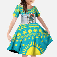 Kazakhstan Christmas Family Matching Short Sleeve Bodycon Dress and Hawaiian Shirt with Santa Skiing in Traditional Outfit Snow Mountain and Sun Pattern - Wonder Print Shop