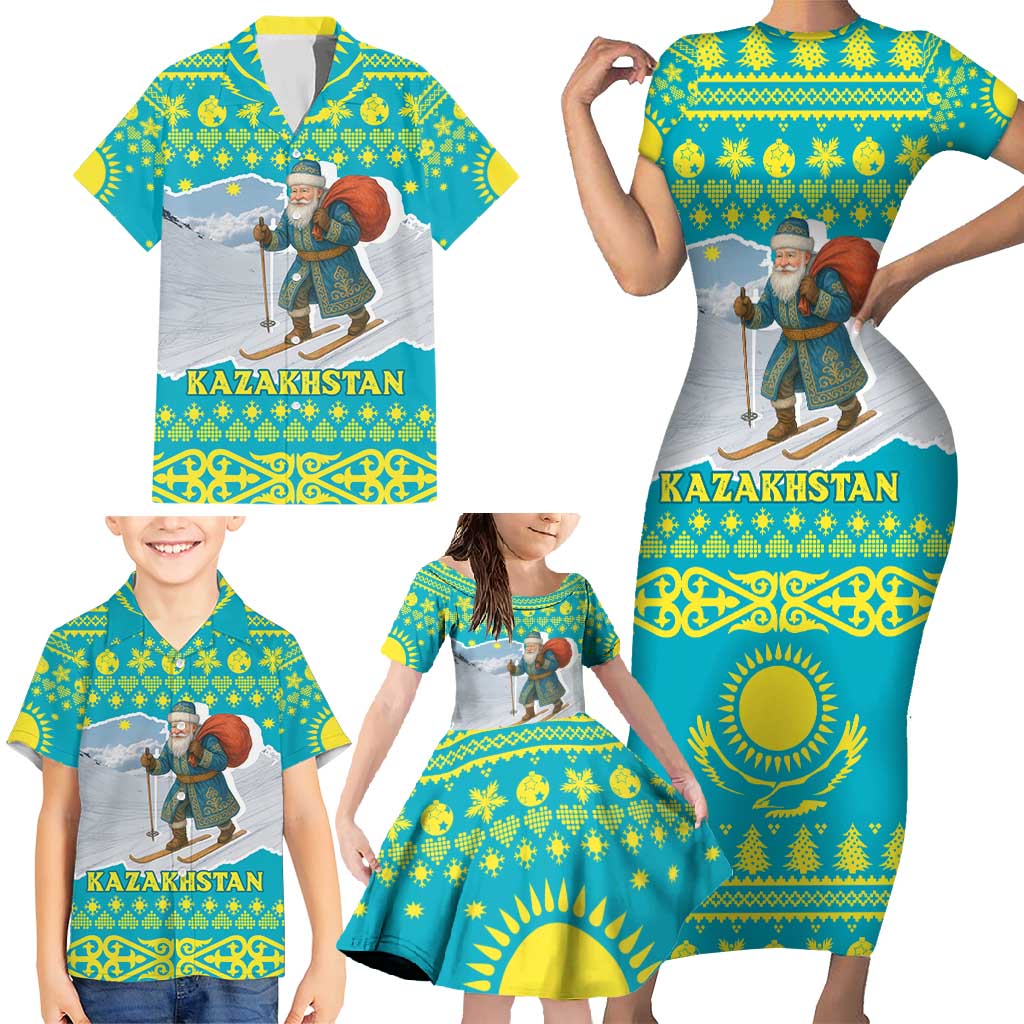Kazakhstan Christmas Family Matching Short Sleeve Bodycon Dress and Hawaiian Shirt with Santa Skiing in Traditional Outfit Snow Mountain and Sun Pattern - Wonder Print Shop
