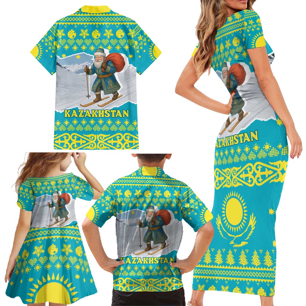 Kazakhstan Christmas Family Matching Short Sleeve Bodycon Dress and Hawaiian Shirt with Santa Skiing in Traditional Outfit Snow Mountain and Sun Pattern - Wonder Print Shop