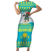 Kazakhstan Christmas Family Matching Short Sleeve Bodycon Dress and Hawaiian Shirt with Santa Skiing in Traditional Outfit Snow Mountain and Sun Pattern - Wonder Print Shop