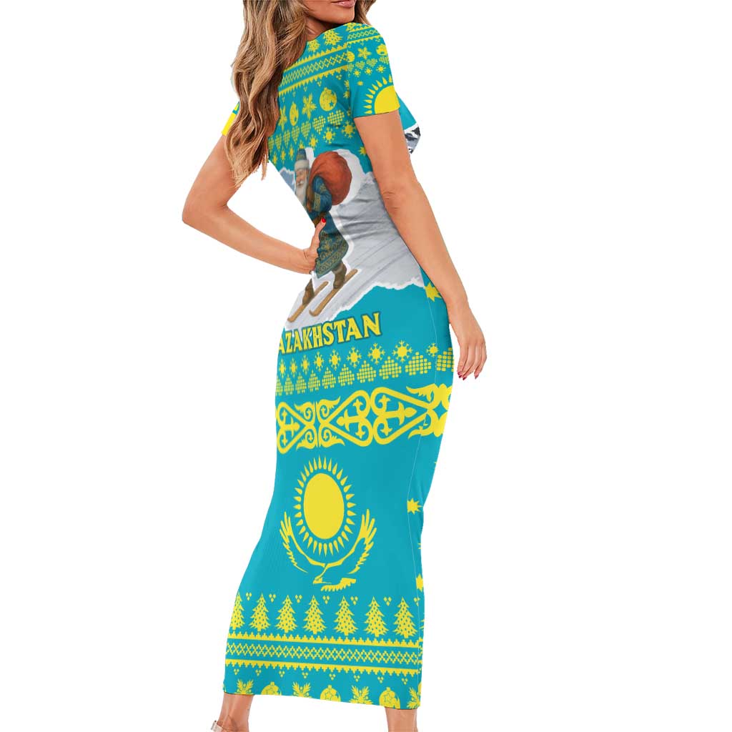 Kazakhstan Christmas Family Matching Short Sleeve Bodycon Dress and Hawaiian Shirt with Santa Skiing in Traditional Outfit Snow Mountain and Sun Pattern - Wonder Print Shop