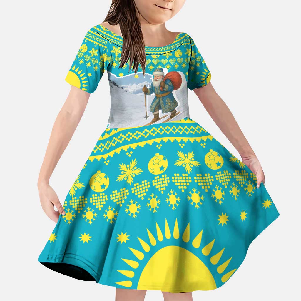Kazakhstan Christmas Family Matching Summer Maxi Dress and Hawaiian Shirt with Santa Skiing in Traditional Outfit Snow Mountain and Sun Pattern - Wonder Print Shop