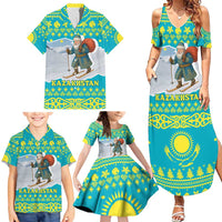 Kazakhstan Christmas Family Matching Summer Maxi Dress and Hawaiian Shirt with Santa Skiing in Traditional Outfit Snow Mountain and Sun Pattern - Wonder Print Shop
