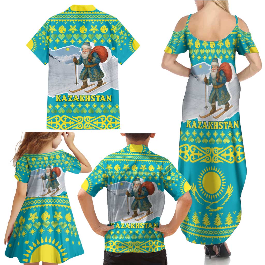 Kazakhstan Christmas Family Matching Summer Maxi Dress and Hawaiian Shirt with Santa Skiing in Traditional Outfit Snow Mountain and Sun Pattern - Wonder Print Shop